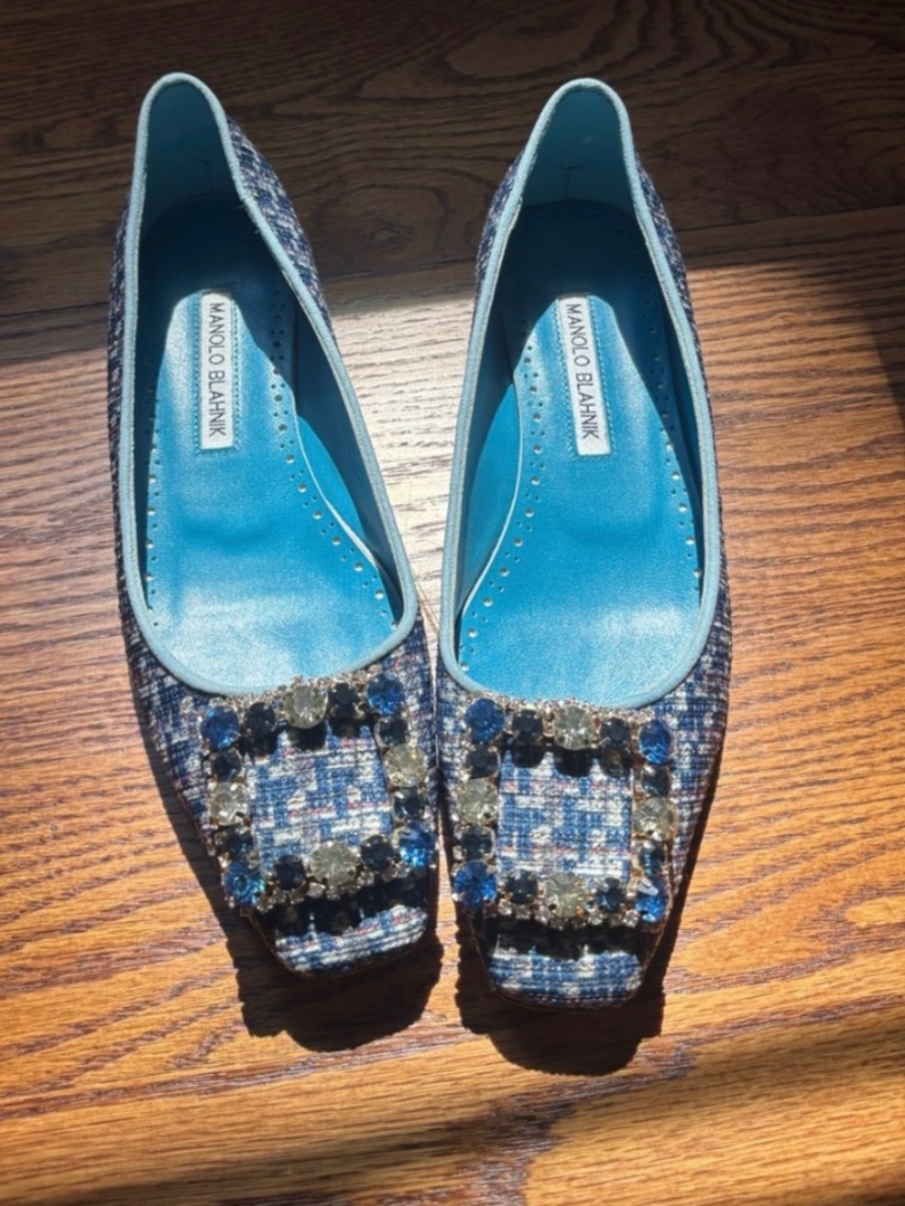 Manolo Blahnik Blue Tweed Jeweled Flat